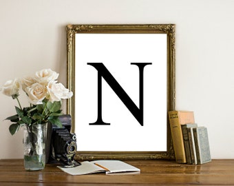 Printable letter art, letter N wall art, Black letter, simplistic, monogram, initial art print