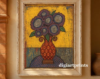 Mexican Folk Art Flower Print, Spanish wall decor, mid century spanish artwork flowers vase