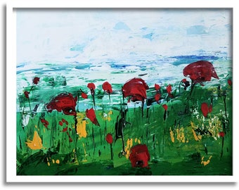 Red Poppy print, impressionist, abstract, wall decor poppies on the beach, ocean scene