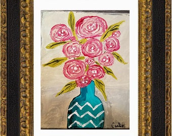 Mexican Folk Art Flower Print, Spanish wall decor, mid century spanish artwork flowers vase