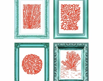 Set of 4 Red Coral Art Prints, Coastal Wall Decor - Beach house Prints, Nautical Ocean artwork, hand drawn.