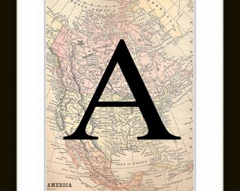 Letter Art print - monogram map wall art - custom initial artwork, Vintage Map Print, Map