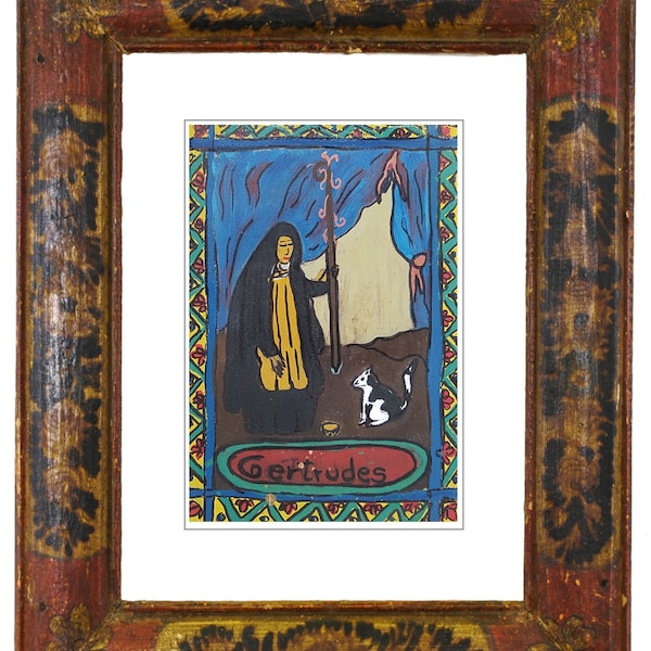 Saint Gertrude of Nivelles Mexican Folk Art Print, Catholic, Patron Saint Religious, Spanish wall decor