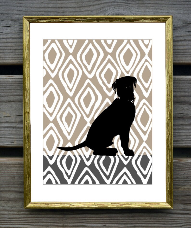 Labrador Retriever Art Print on hand drawn ikat Background, Modern Wall Decor, Black Labrador Retriever Gift image 1