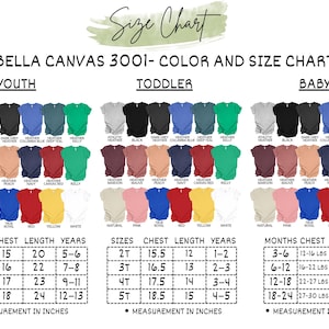 Puede incluir: Tabla de tallas para camisetas Bella Canvas 3001, que muestra opciones de color y medidas de tama&ntilde;o en pulgadas para tallas de j&oacute;venes, ni&ntilde;os peque&ntilde;os y beb&eacute;s. Incluye medidas de pecho y largo, y rangos de edad.