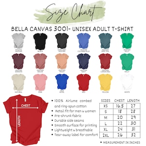 Puede incluir: Tabla de tallas para camisetas unisex para adultos Bella Canvas 3001. La tabla muestra varios colores, incluyendo negro, rojo y azul, con medidas en pulgadas. Incluye tejido pre-encogido y una etiqueta desprendible.