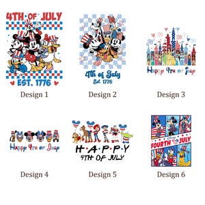 Puede incluir: Seis dise&ntilde;os con personajes de Disney celebrando el 4 de julio. Mickey, Minnie, Donald y Goofy aparecen con atuendos patri&oacute;ticos. El texto incluye "Happy 4th of July" y "Est. 1776".