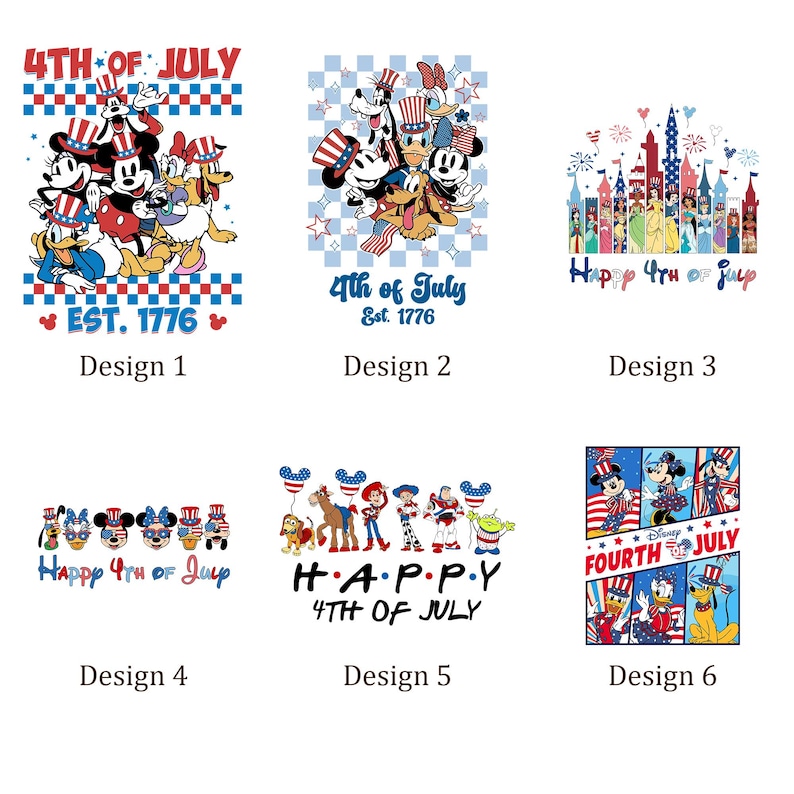 Puede incluir: Seis dise&ntilde;os con personajes de Disney celebrando el 4 de julio. Mickey, Minnie, Donald y Goofy aparecen con atuendos patri&oacute;ticos. El texto incluye "Happy 4th of July" y "Est. 1776".