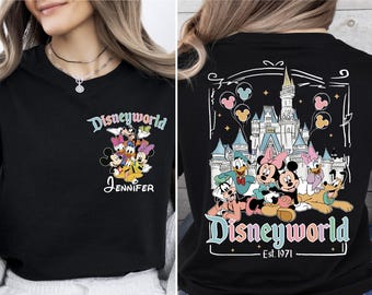 Chemise famille Disneyworld, t-shirt prénom personnalisé imprimé sur le devant, motif château assorti au dos