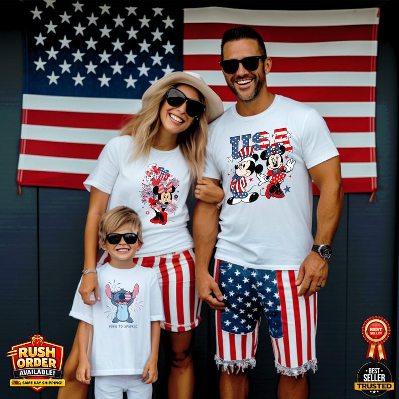 Puede incluir: Una familia vestida con camisetas blancas a juego y pantalones cortos patri&oacute;ticos frente a una bandera estadounidense. Las camisetas presentan personajes de dibujos animados y la palabra "USA". Los pantalones cortos tienen rayas rojas y blancas y azul con estrellas blancas.
