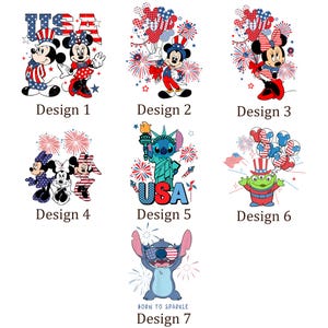 Puede incluir: Colecci&oacute;n de siete dise&ntilde;os con personajes de Disney y temas patri&oacute;ticos. Los dise&ntilde;os incluyen a Mickey y Minnie Mouse con atuendos rojos, blancos y azules, fuegos artificiales y la Estatua de la Libertad. El texto incluye "USA" y "BORN TO SPARKLE".