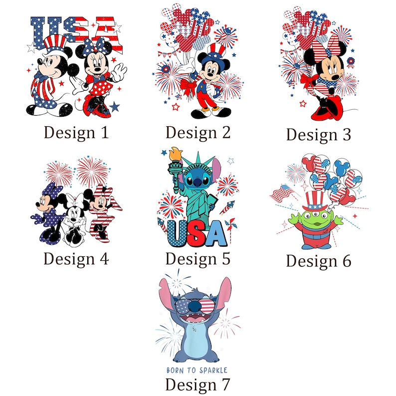 Puede incluir: Colecci&oacute;n de siete dise&ntilde;os con personajes de Disney y temas patri&oacute;ticos. Los dise&ntilde;os incluyen a Mickey y Minnie Mouse con atuendos rojos, blancos y azules, fuegos artificiales y la Estatua de la Libertad. El texto incluye "USA" y "BORN TO SPARKLE".