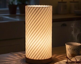 Modern table lamp with real beech wood base, 3D printed design, USB LED dimmable, 3 light colors, bedside lamp, living room decoration, gift