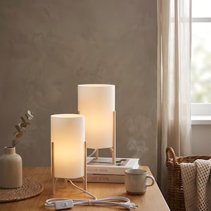 May include: Two white cylindrical table lamps with wooden frames on a wooden table. The lamps are lit, and a white power cord with a switch is visible. A vase, books, and a mug are also on the table.