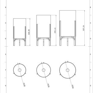 May include: Technical drawing showing three cylindrical objects of different sizes. The tallest is 337.14 cm high, the middle one 292.41 cm, and the shortest 260.03 cm. The diameters are 120 mm, 135 mm, and 156 mm.