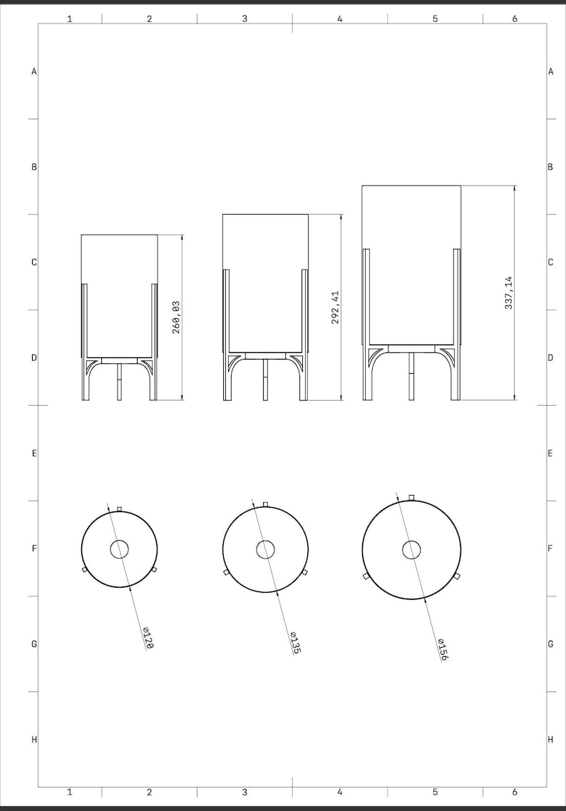 May include: Technical drawing showing three cylindrical objects of different sizes. The tallest is 337.14 cm high, the middle one 292.41 cm, and the shortest 260.03 cm. The diameters are 120 mm, 135 mm, and 156 mm.