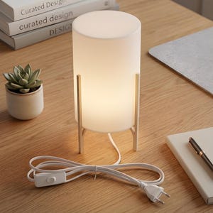 May include: A contemporary white cylindrical table lamp with a soft glow, supported by a silver metal frame. The lamp is on a wooden surface, with a succulent plant in a small pot and books nearby.