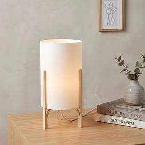 May include: A cylindrical white table lamp with a warm glow, supported by a light wood frame. The lamp is on a wooden surface, next to books and a small vase. A framed art print hangs on the wall.