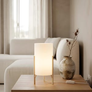 May include: A contemporary table lamp featuring a frosted glass shade, held by a light wood frame. The lamp is on a wooden table, beside a decorative vase with a dried plant. The scene is illuminated by a soft, warm light.