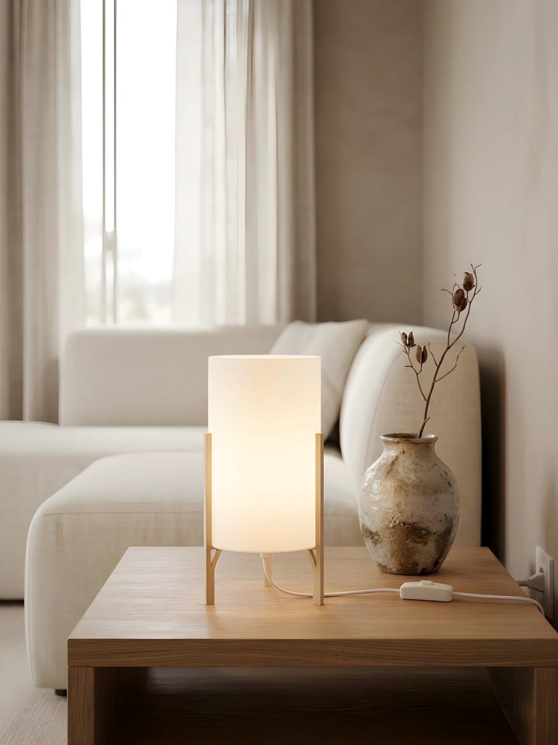 May include: A contemporary table lamp featuring a frosted glass shade, held by a light wood frame. The lamp is on a wooden table, beside a decorative vase with a dried plant. The scene is illuminated by a soft, warm light.