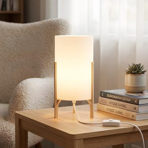 May include: A contemporary table lamp featuring a white cylindrical shade supported by a light wood frame. It sits on a wooden side table, alongside a small potted succulent and books. The lamp is plugged in.