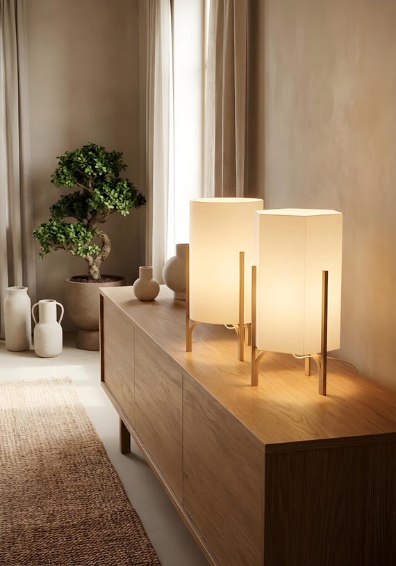 HIKARI Japandi Tischlampe – minimalistische LED Nachttischlampe mit warmem Licht | 3D Druck Design in Holzoptik | skandinavisch & japanisch