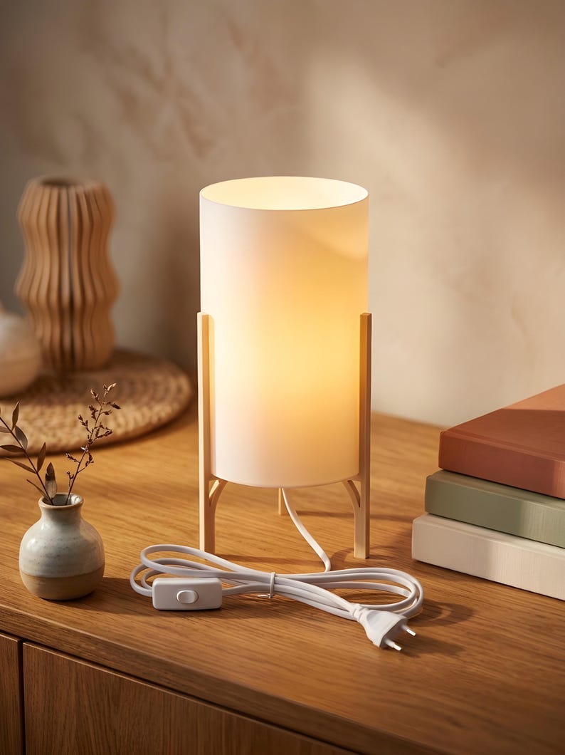 May include: A white cylindrical table lamp with a warm glow, supported by a light wood frame. The lamp has a white cord with an on/off switch and a plug. The lamp is on a wooden surface.