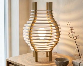 LED bedside lamp, table lamp, Japanese minimalist Scandinavian design, 3D print, wood look, mood light, bedroom lamp, modern gift