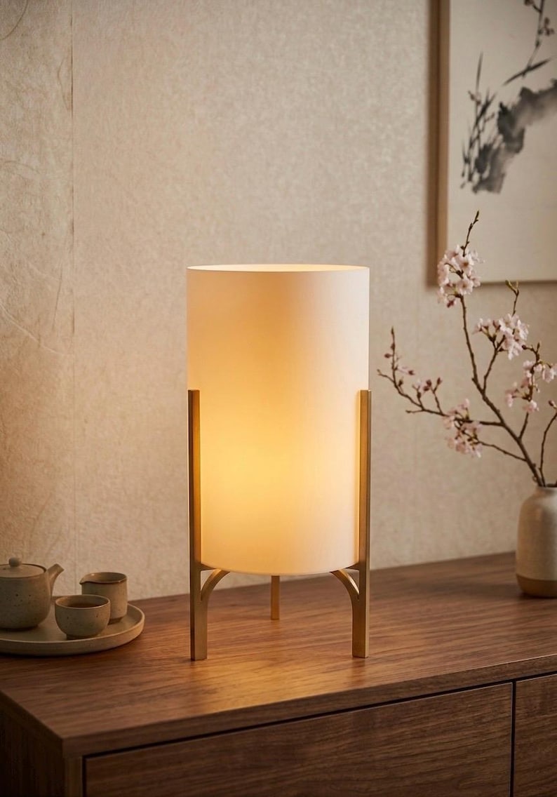 May include: A cream-coloured cylindrical table lamp with a warm glow, supported by a gold-coloured metal frame. The lamp sits on a wooden surface, with a tea set and a vase of flowers in the background. The lamp's height is approximately 30 cm.