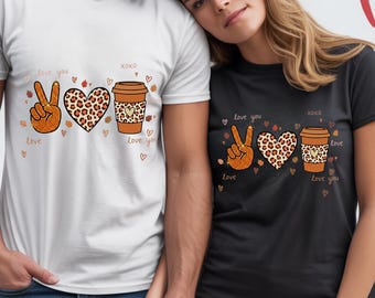 Camiseta "Paz, amor y café", camiseta con corazón de leopardo para San Valentín o para mamá, camiseta para amantes del café