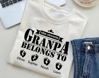 Camiseta personalizada para abuelo con los nombres de los nietos, Este increíble abuelo pertenece a, Regalo personalizado para abuelo, Camiseta para abuelo del Día del Padre, Camiseta para abuelo
