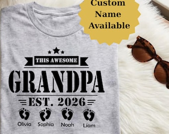 Camiseta "Este abuelo increíble est. 2026", regalo personalizado para abuelo, camiseta personalizada para abuelo con los nombres de los nietos, regalo para el nuevo abuelo 2026