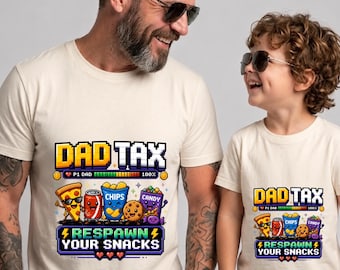 Camiseta divertida para papá gamer, camiseta retro de videojuegos "Papá Impuesto", "Respawn Your Snacks", regalo para papá gamer, camiseta de papá con arte pixelado