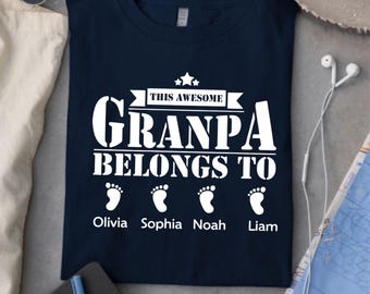 Camiseta personalizada para abuelo con los nombres de los nietos, Este increíble abuelo pertenece a, Regalo personalizado para abuelo, Camiseta para abuelo del Día del Padre, Camiseta para abuelo