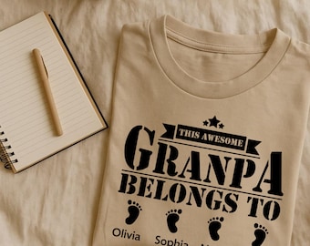 Camiseta personalizada para abuelo con los nombres de los nietos, Este increíble abuelo pertenece a, Regalo personalizado para abuelo, Camiseta para abuelo del Día del Padre, Camiseta para abuelo