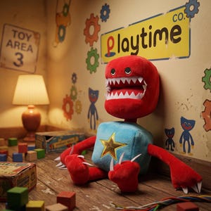 May include: A plush toy with a red head and arms, a blue body with a gold star, and a wide, toothy grin. The toy is in a room with a "Playtime Co." sign and colorful wall decorations. Toy Area 3 sign.