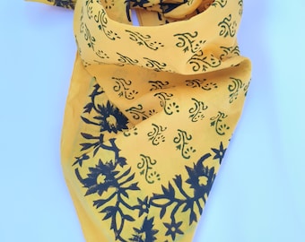 Organic Cotton Bandana Scarf Hand Block Print yellow Colour Paisley Desing
