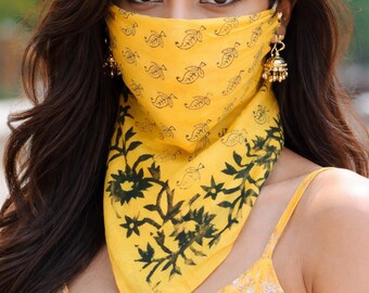 Organic Cotton Bandana Scarf Hand Block Print  Yellow Colour Paisley Desing