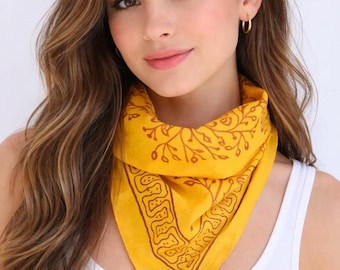 Organic Cotton Bandana Scarf Hand Block Print yellow Colour Paisley Desing