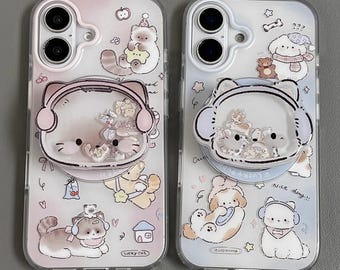 Custodia anti-caduta in silicone satinato con simpatico cane blu e gatto rosa, custodia per iPhone 17 Pro Max, custodia Kawaii MagSafe con impugnatura, custodia per iPhone 15