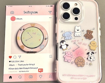 Pink Cute Cartoon Animal Phone Case suitable for iPhone 17 Pro Max, iPhone 17 MagSafe Griptok Case,  iPhone 16 15 14 13 Case, Holder CASE