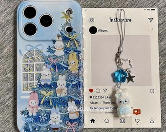 Cute Miffy Bunny Blue Christmas Tree iPhone Case, iPhone 17 Pro Max Case, MagSafe Griptok Case, iPhone 17 Pro Case, iPhone 13 14 15 16 Case