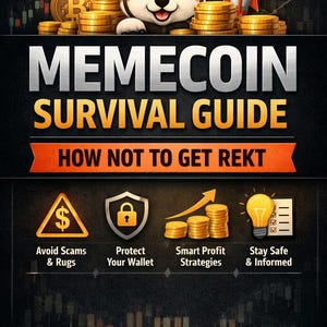 May include: A book cover with a Shiba Inu dog wearing a helmet, surrounded by gold coins and a rocket. The title reads "MEMECOIN SURVIVAL GUIDE" with the subtitle "HOW NOT TO GET REKT". Includes icons and text about avoiding scams and protecting your wallet.
