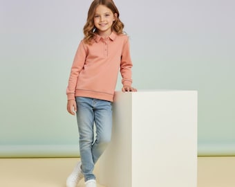 Girls Polo Neck Sweatshirt Sewing Pattern with Cuff | Kids Long Sleeve Polo Top PDF | Button Placket Knit Sweat Pattern | Sizes 2–16 Years