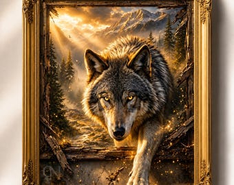Peut inclure: Une œuvre d'art murale encadrée représentant un loup gris sortant d'un paysage forestier montagneux. La scène est illuminée par une lumière dorée et des particules scintillantes, le tout dans un cadre rectangulaire doré ornementé.