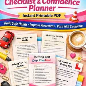 Op de afbeelding: Een planner getiteld "UK Driving Test Checklist & Confidence Planner" met checklists, tips en een gids. Bevat een rode speelgoedauto, een koffiekopje en een autosleutel. De planner is ontworpen om te helpen bij het opbouwen van veilige gewoonten.