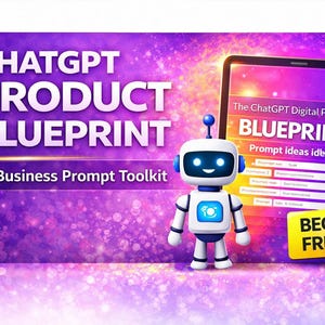 May include: A digital product advertisement with a purple and white background. The text reads "CHATGPT PRODUCT BLUEPRINT" and "AI Business Prompt Toolkit." A cartoon robot stands next to a tablet displaying "The ChatGPT Digital Product BLUEPRINT." A yellow banner says "BEGINNER FRIENDLY."