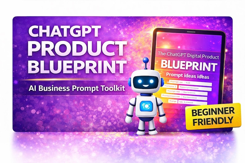 May include: A digital product advertisement with a purple and white background. The text reads "CHATGPT PRODUCT BLUEPRINT" and "AI Business Prompt Toolkit." A cartoon robot stands next to a tablet displaying "The ChatGPT Digital Product BLUEPRINT." A yellow banner says "BEGINNER FRIENDLY."