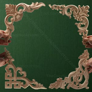 May include: Four light-colored wooden corner appliqués featuring intricate carved scrollwork, floral motifs, and geometric patterns. These decorative wood pieces display detailed relief designs with smooth surfaces and natural wood grain textures.