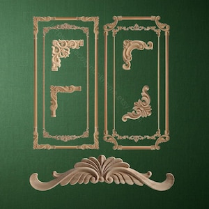 May include: Wooden decorative architectural elements, including ornate corner pieces and a curved, stylized floral design. The pieces are light brown and set against a dark green background. The design is likely for home decor or woodworking projects.